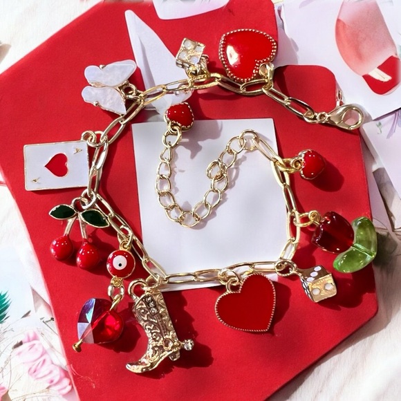 Whimsical Adorable Gold and Red Toned Charm Bracelet Adjustable Chain 7”-9” - Picture 17 of 17